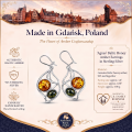 Agnes Baltic Honey Amber Earrings in Sterling Silver infographic highlighting authentic honey Baltic amber, 925 sterling silver, handcrafted craftsmanship, earring dimensions, and Made in Gdańsk, Poland heritage.
