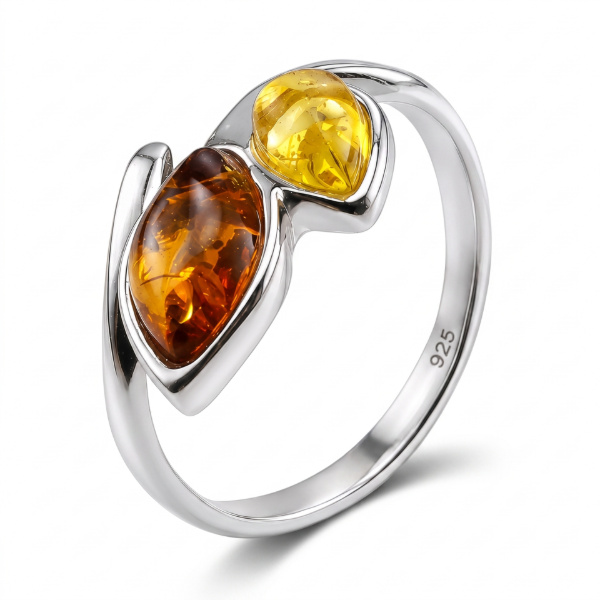 Maja Baltic Honey Amber Adjustable Ring in Sterling Silver featuring a genuine honey Baltic amber gemstone set in polished 925 sterling silver, isolated on a white background.