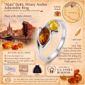 Maja Baltic Honey Amber Adjustable Ring in Sterling Silver infographic highlighting authentic honey Baltic amber, 925 sterling silver, handcrafted craftsmanship, adjustable ring design, ring dimensions, and Made in Gdańsk, Poland heritage.