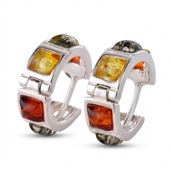 Multicolor Baltic Amber Hoop Huggie Hoop Earrings in Sterling Silver featuring genuine multicolor Baltic amber gemstones in honey, cognac, lemon, and green tones, set in polished 925 sterling silver, isolated on a white background.