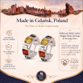 Multicolor Baltic Amber Hoop Huggie Hoop Earrings in Sterling Silver infographic highlighting authentic multicolor Baltic amber, 925 sterling silver, handcrafted craftsmanship, huggie hoop earring dimensions, and Made in Gdańsk, Poland heritage.