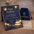 Personalized handwritten gift note cards shown open on a blue background, with “A gift for you – enjoy!” on the front and a handwritten birthday message inside, plus text “Personalized (pen-written) gift note is available.