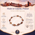 Baltic Honey Amber Bracelet in Sterling Silver infographic highlighting authentic honey Baltic amber, 925 sterling silver, handcrafted craftsmanship, bracelet dimensions, and Made in Gdańsk, Poland heritage.