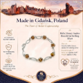 Baltic Honey Amber Bracelet in Sterling Silver infographic highlighting authentic honey Baltic amber, 925 sterling silver, handcrafted craftsmanship, bracelet dimensions, and Made in Gdańsk, Poland heritage.