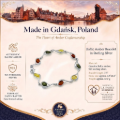 Baltic Amber Bracelet in Sterling Silver infographic highlighting authentic Baltic amber, 925 sterling silver, handcrafted craftsmanship, bracelet dimensions, and Made in Gdańsk, Poland heritage.