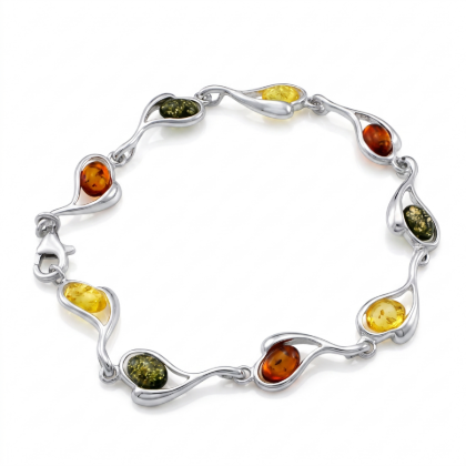 Baltic Amber Bracelet in Sterling Silver featuring genuine Baltic amber gemstones set in polished 925 sterling silver, isolated on a white background.
