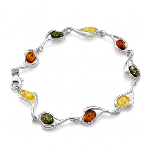 Baltic Amber Bracelet in Sterling Silver featuring genuine Baltic amber gemstones set in polished 925 sterling silver, isolated on a white background.