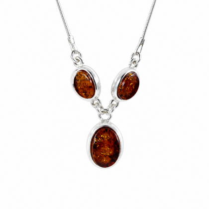 Milena Baltic Honey Amber Necklace in Sterling Silver featuring genuine honey Baltic amber gemstones set in polished 925 sterling silver, isolated on a white background.