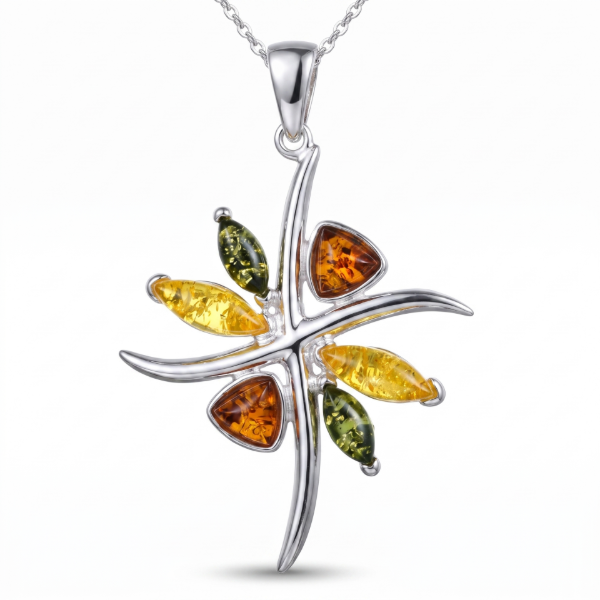 Evelyn Baltic Amber Pendant in Sterling Silver featuring a genuine Baltic amber gemstone set in polished 925 sterling silver, isolated on a white background.