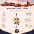 Evelyn Baltic Amber Pendant in Sterling Silver infographic highlighting authentic Baltic amber, 925 sterling silver, handcrafted craftsmanship, pendant dimensions, and Made in Gdańsk, Poland heritage.