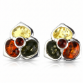 Jasmine Multicolor Baltic Amber Earrings in Sterling Silver featuring genuine multicolor Baltic amber gemstones in honey, cognac, lemon, and green tones, set in polished 925 sterling silver, isolated on a white background.
