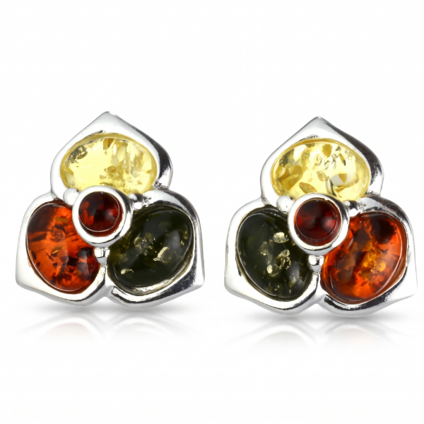 Jasmine Multicolor Baltic Amber Earrings in Sterling Silver featuring genuine multicolor Baltic amber gemstones in honey, cognac, lemon, and green tones, set in polished 925 sterling silver, isolated on a white background.