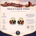 Jasmine Multicolor Baltic Amber Earrings in Sterling Silver infographic highlighting authentic multicolor Baltic amber, 925 sterling silver, handcrafted craftsmanship, earring dimensions, and Made in Gdańsk, Poland heritage.