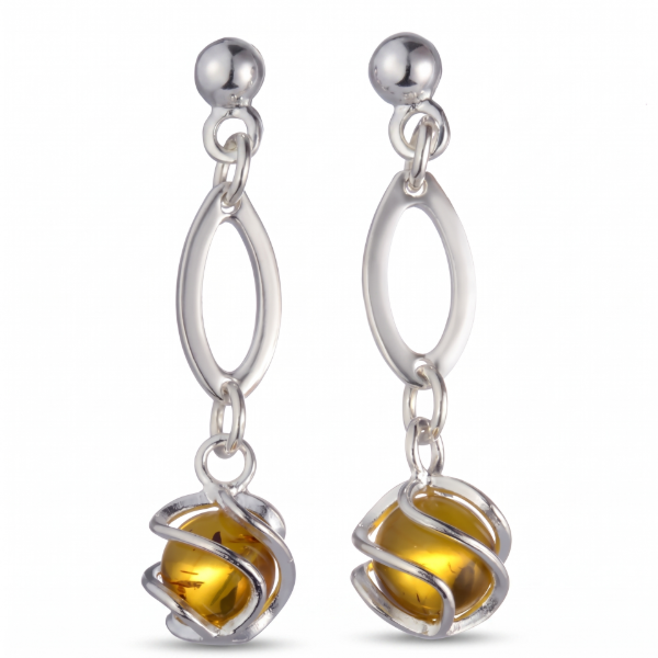 Grace Baltic Honey Amber Earrings in Sterling Silver featuring genuine honey Baltic amber gemstones set in polished 925 sterling silver, isolated on a white background.