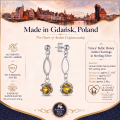 Grace Baltic Honey Amber Earrings in Sterling Silver infographic highlighting authentic honey Baltic amber, 925 sterling silver, handcrafted craftsmanship, earring dimensions, and Made in Gdańsk, Poland heritage.