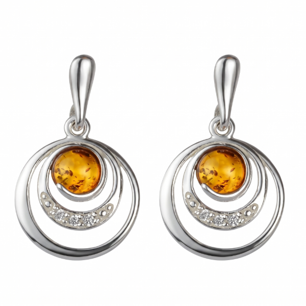 Aleta Baltic Honey Amber Earrings in Sterling Silver featuring genuine honey Baltic amber gemstones set in polished 925 sterling silver, isolated on a white background.