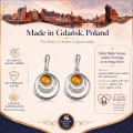 Aleta Baltic Honey Amber Earrings in Sterling Silver infographic highlighting authentic honey Baltic amber, 925 sterling silver, handcrafted craftsmanship, earring dimensions, and Made in Gdańsk, Poland heritage.