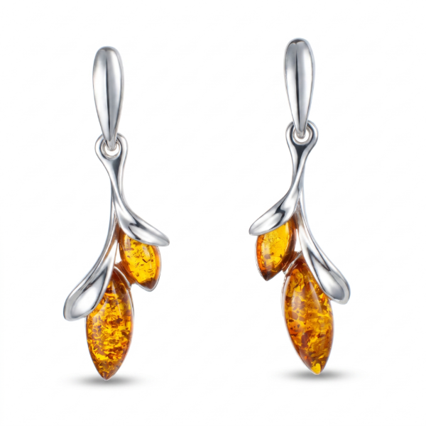 Baltic Honey Amber Marquise Drop Stud Earrings in Sterling Silver featuring genuine honey Baltic amber marquise gemstones set in polished 925 sterling silver, isolated on a white background.