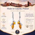 Baltic Honey Amber Marquise Drop Stud Earrings in Sterling Silver infographic highlighting authentic honey Baltic amber, 925 sterling silver, handcrafted craftsmanship, marquise drop stud earring dimensions, and Made in Gdańsk, Poland heritage.