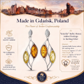 Jennifer Baltic Honey Amber Earrings in Sterling Silver infographic highlighting authentic honey Baltic amber, 925 sterling silver, handcrafted craftsmanship, earring dimensions, and Made in Gdańsk, Poland heritage.