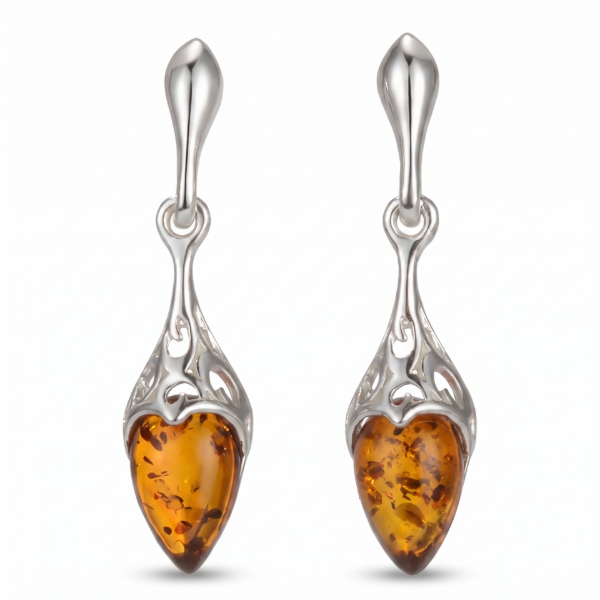 Jennifer Baltic Honey Amber Earrings in Sterling Silver featuring genuine honey Baltic amber gemstones set in polished 925 sterling silver, isolated on a white background.