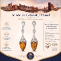 Jennifer Baltic Honey Amber Earrings in Sterling Silver infographic highlighting authentic honey Baltic amber, 925 sterling silver, handcrafted craftsmanship, earring dimensions, and Made in Gdańsk, Poland heritage.