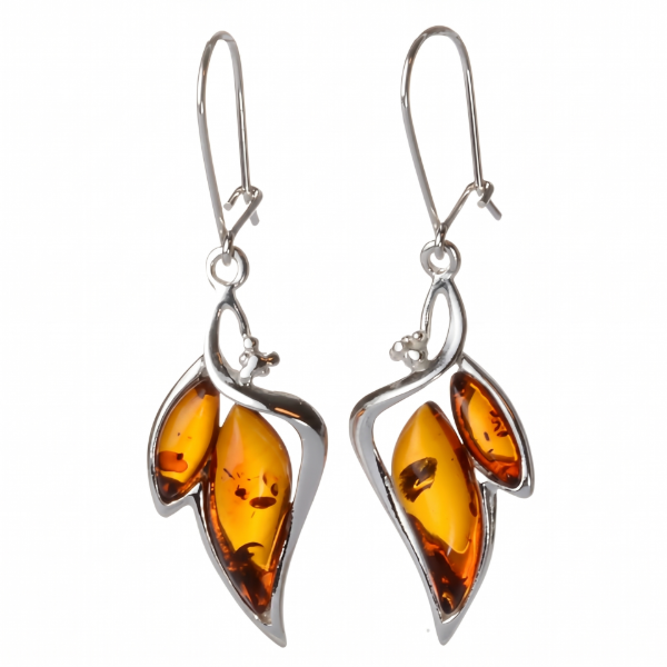 Charlotte Baltic Honey Amber Earrings in Sterling Silver featuring genuine honey Baltic amber gemstones set in polished 925 sterling silver, isolated on a white background.