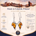 Charlotte Baltic Honey Amber Earrings in Sterling Silver infographic highlighting authentic honey Baltic amber, 925 sterling silver, handcrafted craftsmanship, earring dimensions, and Made in Gdańsk, Poland heritage.