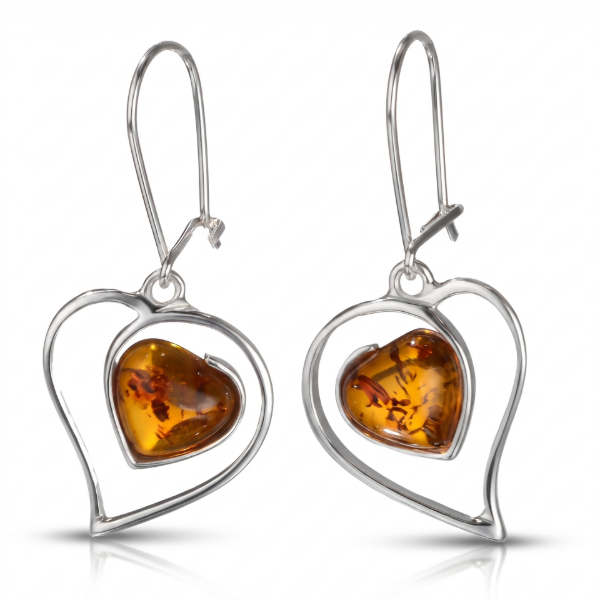 Valentine Baltic Honey Amber Earrings in Sterling Silver featuring genuine honey Baltic amber gemstones set in polished 925 sterling silver, isolated on a white background.