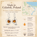 Valentine Baltic Honey Amber Earrings in Sterling Silver infographic highlighting authentic honey Baltic amber, 925 sterling silver, handcrafted craftsmanship, earring dimensions, and Made in Gdańsk, Poland heritage.