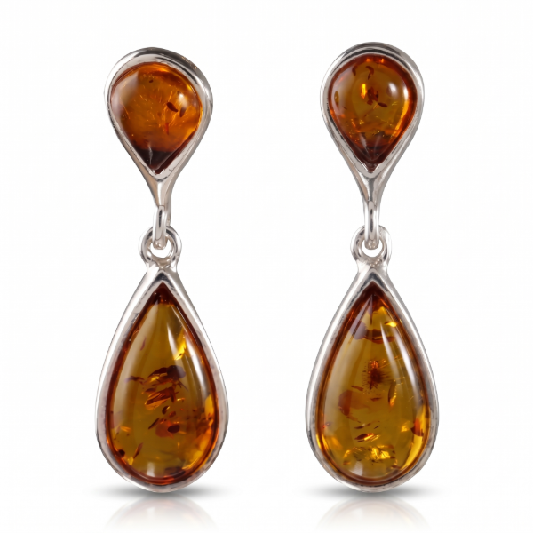 Shannon Baltic Honey Amber Earrings in Sterling Silver featuring genuine honey Baltic amber gemstones set in polished 925 sterling silver, isolated on a white background.
