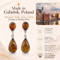 Shannon Baltic Honey Amber Earrings in Sterling Silver infographic highlighting authentic honey Baltic amber, 925 sterling silver, handcrafted craftsmanship, earring dimensions, and Made in Gdańsk, Poland heritage.