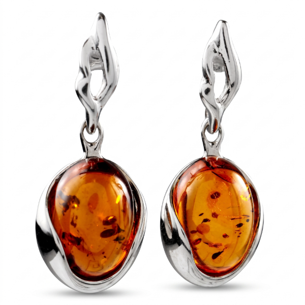 Simone Baltic Honey Amber Earrings in Sterling Silver featuring genuine honey Baltic amber gemstones set in polished 925 sterling silver, isolated on a white background.