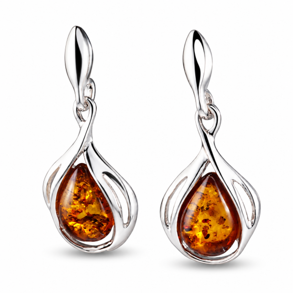 Shawn Baltic Honey Amber Earrings in Sterling Silver featuring genuine honey Baltic amber gemstones set in polished 925 sterling silver, isolated on a white background.
