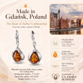 Shawn Baltic Honey Amber Earrings in Sterling Silver infographic highlighting authentic honey Baltic amber, 925 sterling silver, handcrafted craftsmanship, earring dimensions, and Made in Gdańsk, Poland heritage.