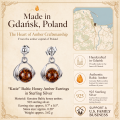 Katie Baltic Honey Amber Earrings in Sterling Silver infographic highlighting authentic honey Baltic amber, 925 sterling silver, handcrafted craftsmanship, earring dimensions, and Made in Gdańsk, Poland heritage.