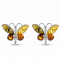 Butterfly Multicolor Baltic Amber Earrings in Sterling Silver featuring genuine multicolor Baltic amber gemstones in honey, cognac, lemon, and green tones set in polished 925 sterling silver, isolated on a white background.