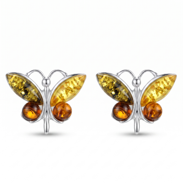 Butterfly Multicolor Baltic Amber Earrings in Sterling Silver featuring genuine multicolor Baltic amber gemstones in honey, cognac, lemon, and green tones set in polished 925 sterling silver, isolated on a white background.