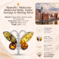 Butterfly Multicolor Baltic Amber Earrings in Sterling Silver infographic highlighting authentic multicolor Baltic amber, 925 sterling silver, handcrafted craftsmanship, butterfly earring dimensions, and Made in Gdańsk, Poland heritage.