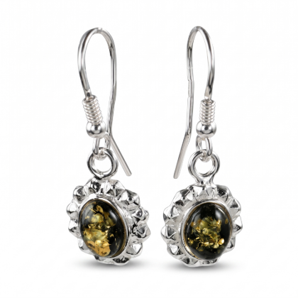 Linda Baltic Green Amber Earrings in Sterling Silver featuring genuine green Baltic amber gemstones set in polished 925 sterling silver, isolated on a white background.