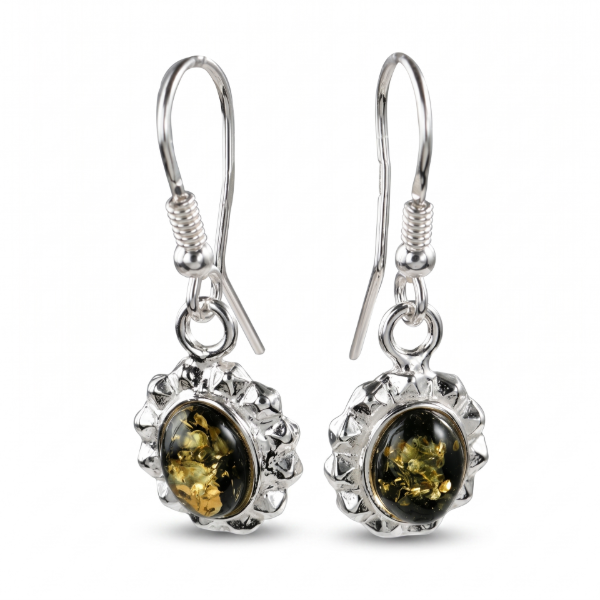 Linda Baltic Green Amber Earrings in Sterling Silver featuring genuine green Baltic amber gemstones set in polished 925 sterling silver, isolated on a white background.