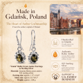 Linda Baltic Green Amber Earrings in Sterling Silver infographic highlighting authentic green Baltic amber, 925 sterling silver, handcrafted craftsmanship, earring dimensions, and Made in Gdańsk, Poland heritage.