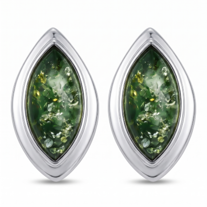 Harper Baltic Green Amber Earrings in Sterling Silver featuring genuine green Baltic amber gemstones set in polished 925 sterling silver, isolated on a white background.