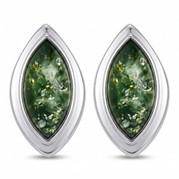 Harper Baltic Green Amber Earrings in Sterling Silver featuring genuine green Baltic amber gemstones set in polished 925 sterling silver, isolated on a white background.