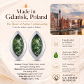 Harper Baltic Green Amber Earrings in Sterling Silver infographic highlighting authentic green Baltic amber, 925 sterling silver, handcrafted craftsmanship, earring dimensions, and Made in Gdańsk, Poland heritage.