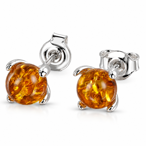 Baltic Honey Amber Petal Round Stud Earrings in Sterling Silver featuring genuine honey Baltic amber round gemstones in a petal-inspired design, set in polished 925 sterling silver, isolated on a white background.