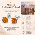Baltic Honey Amber Petal Round Stud Earrings in Sterling Silver infographic highlighting authentic honey Baltic amber, 925 sterling silver, handcrafted craftsmanship, petal round stud earring dimensions, and Made in Gdańsk, Poland heritage.