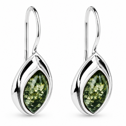 Penelope Baltic Green Amber Earrings in Sterling Silver featuring genuine green Baltic amber gemstones set in polished 925 sterling silver, isolated on a white background.