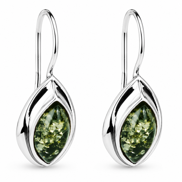Penelope Baltic Green Amber Earrings in Sterling Silver featuring genuine green Baltic amber gemstones set in polished 925 sterling silver, isolated on a white background.