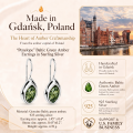Penelope Baltic Green Amber Earrings in Sterling Silver infographic highlighting authentic green Baltic amber, 925 sterling silver, handcrafted craftsmanship, earring dimensions, and Made in Gdańsk, Poland heritage.